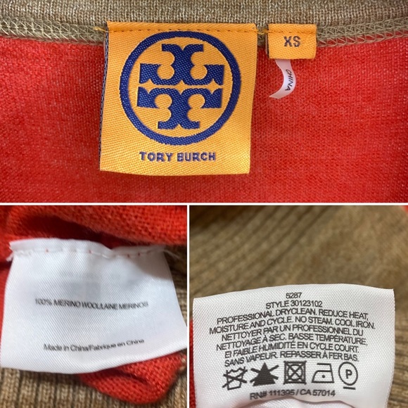 TORY BURCH Red Orange Tan Colorblock Merino Wool Knit Cardigan XS 30123102 - Picture 11 of 13